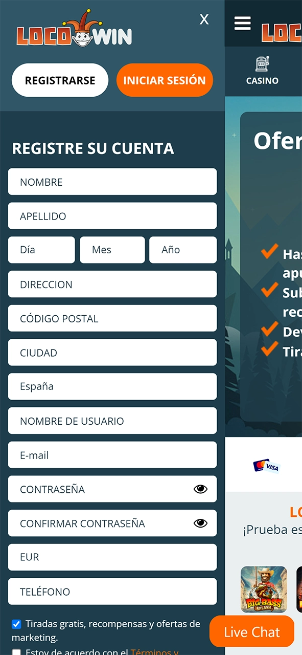 Formulario de inscripción LocoWin.