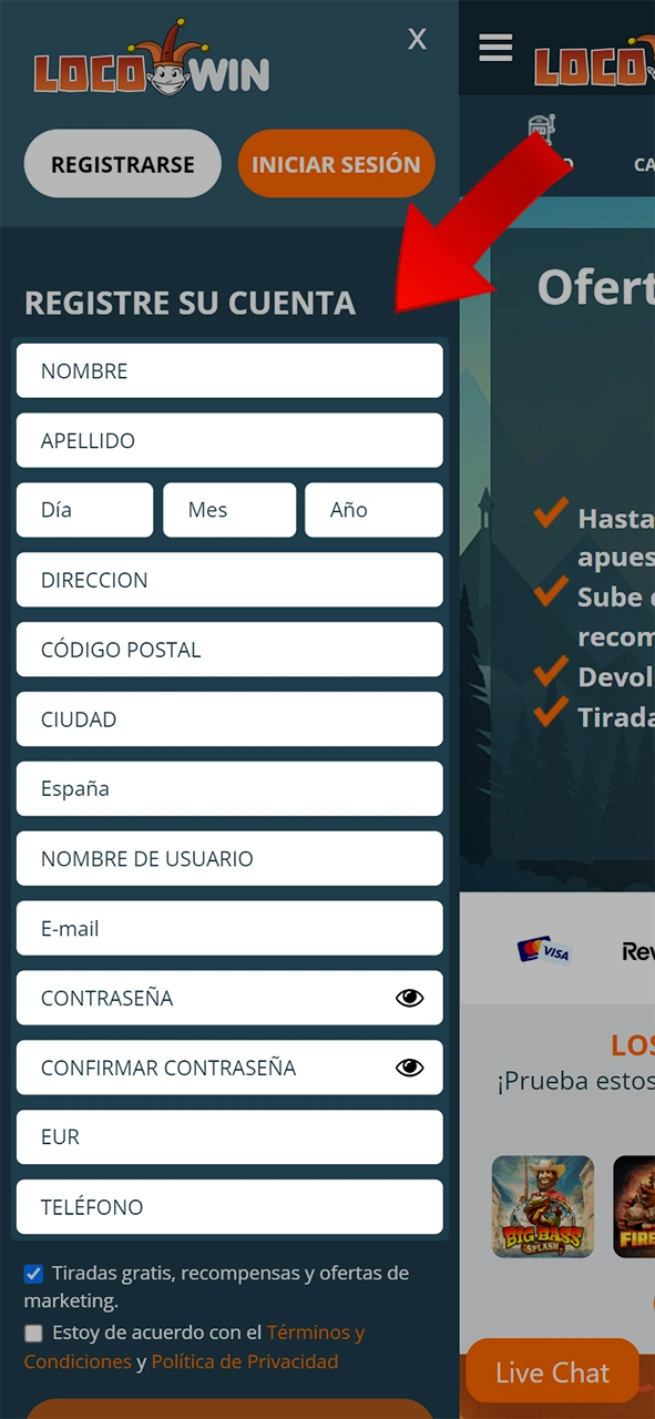 Introduce la información requerida para continuar con tu registro en LocoWin.