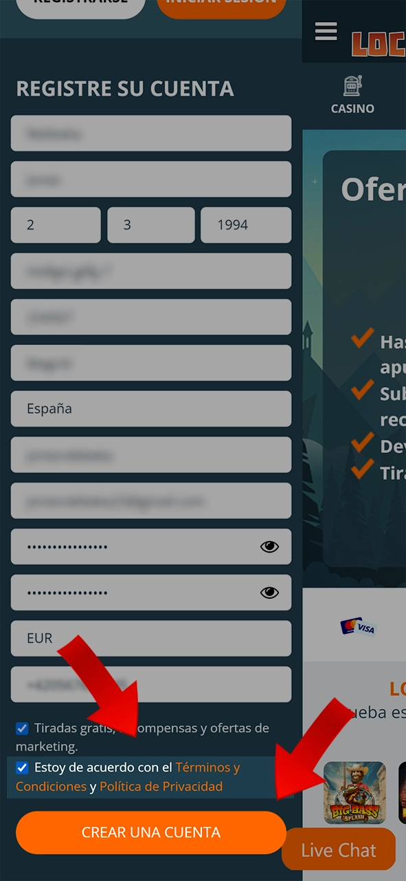 Acepte los términos de LocoWin y haga clic en Crear cuenta.