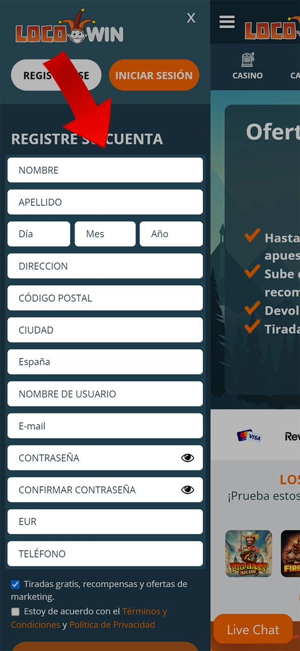 Rellene los campos obligatorios para registrarse en LocoWin.