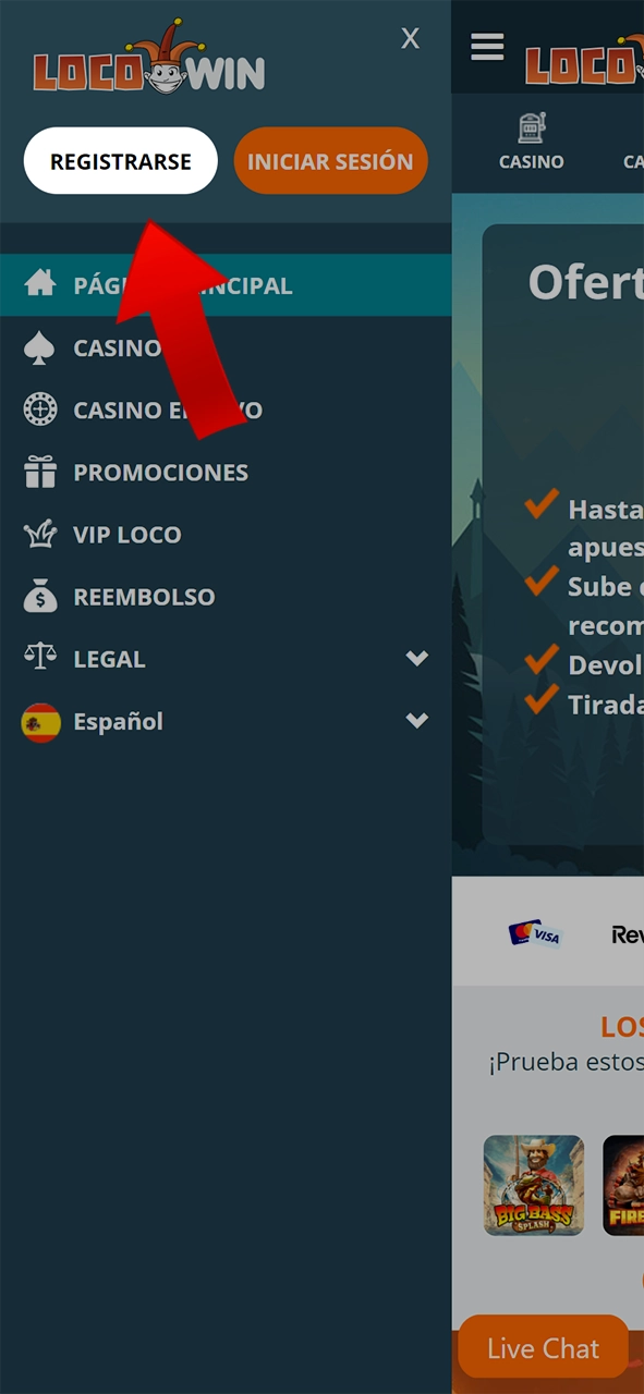 Para iniciar el proceso de registro en LocoWin, haga clic en el botón Registrarse.