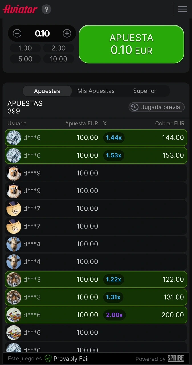 Panel de apuestas del juego Aviator en Locowin.