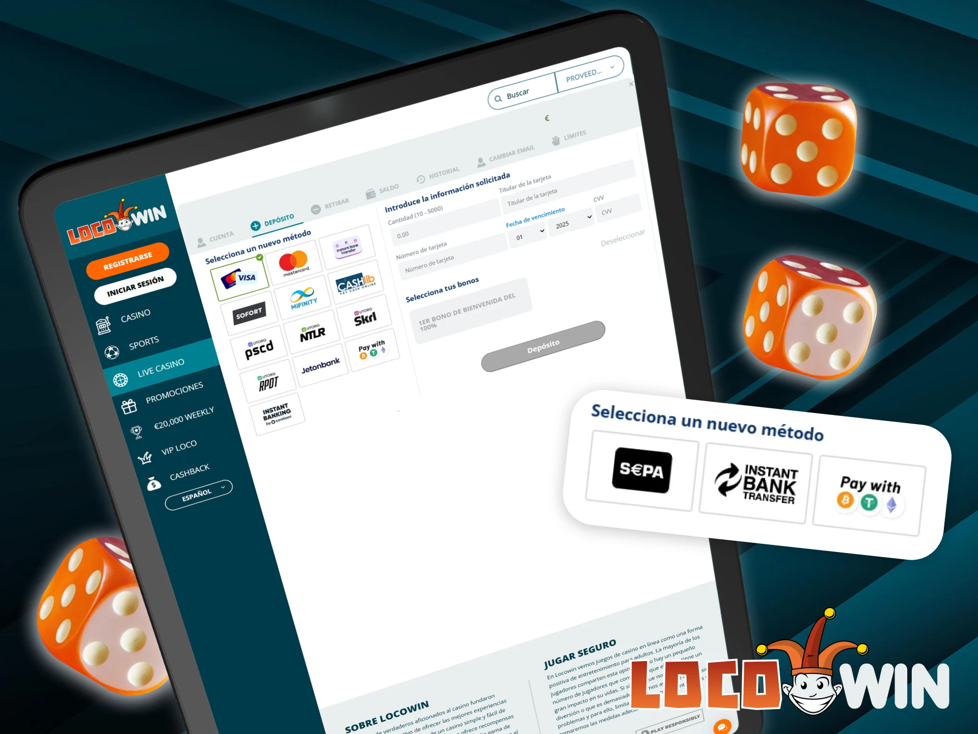 Deposita dinero de forma rápida y segura en la página web oficial de LocoWin Casino.