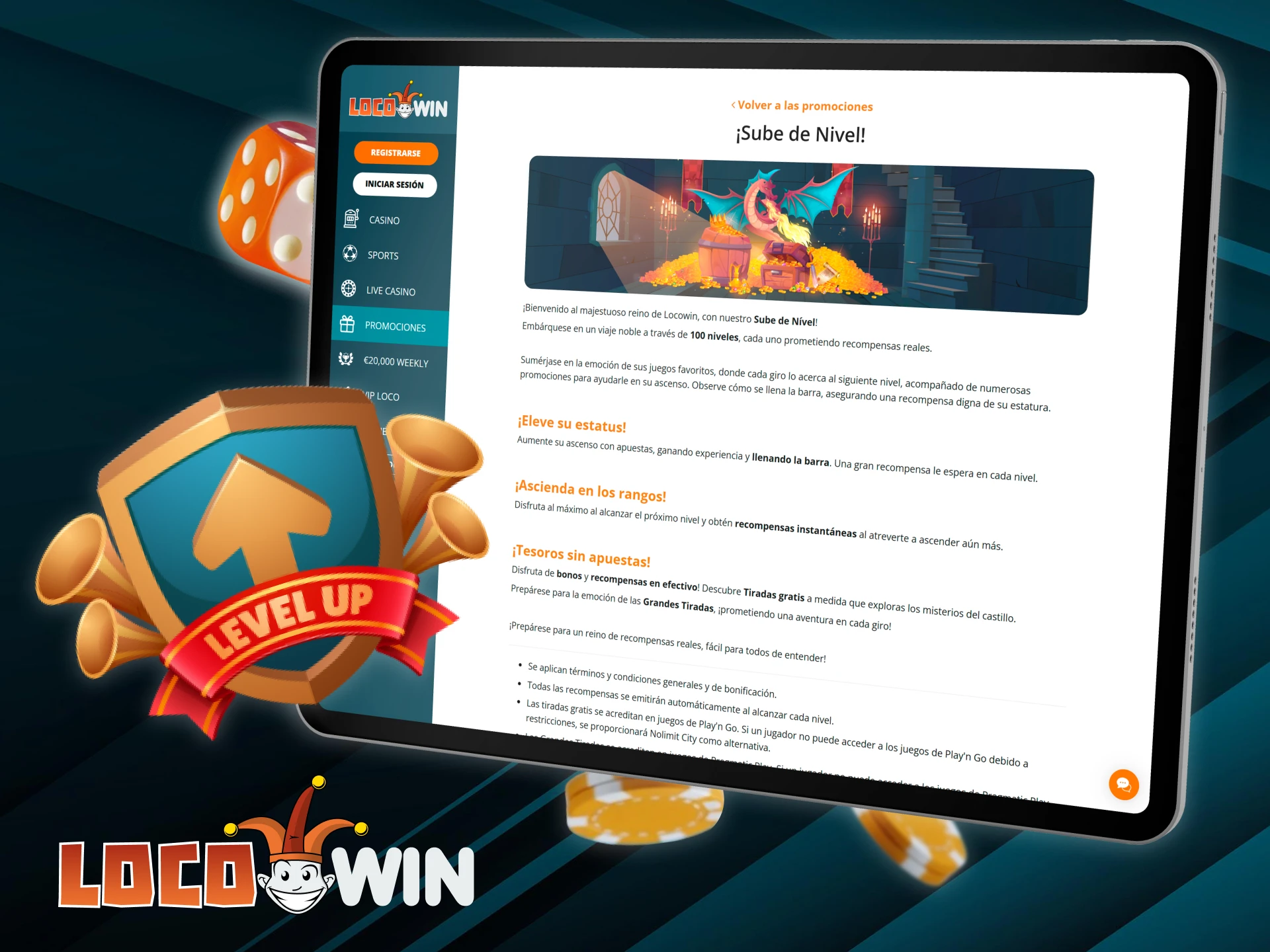 Disfruta de la promoción Level Up en Locowin Casino y desbloquea giros gratis sin apuesta.