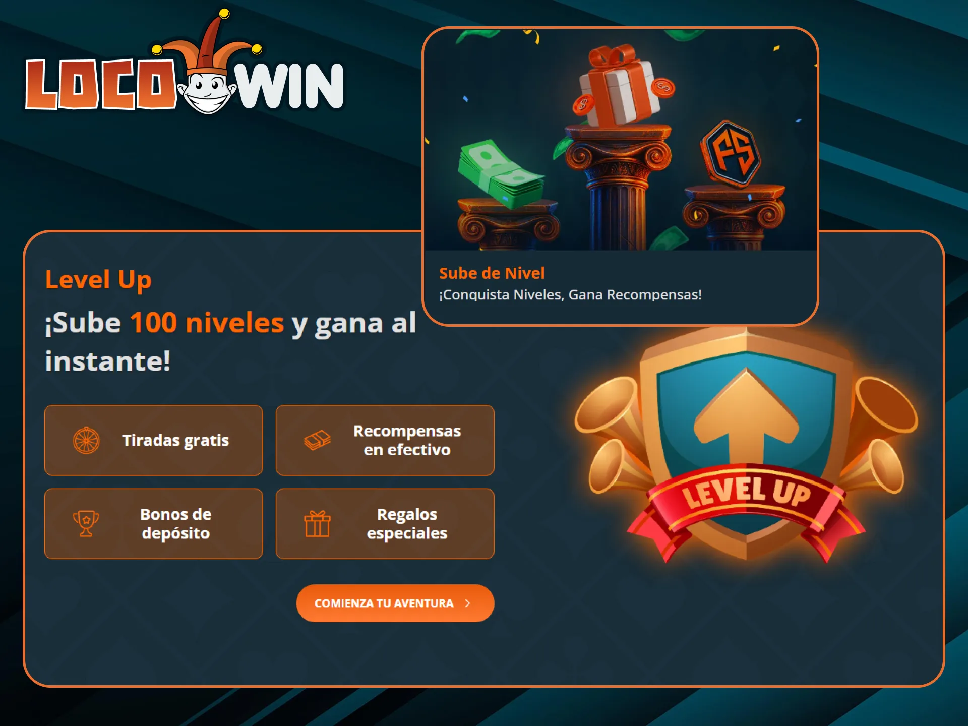 Participando en la promoción Sube de Nivel subirás de nivel en LocoWin Casino y recibirás premios sin requisitos de apuesta.